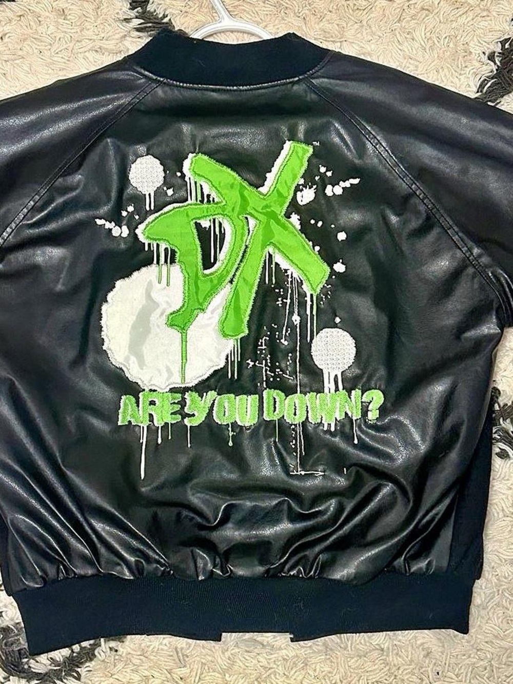 Steve & Barry's Black Faux Leather Bomber Jacket with Neon Green Graphic